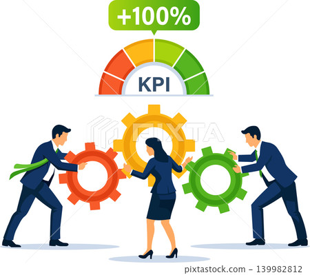 Teamwork KPI growth concept with business people managing gears and achieving 100 percent performance Teamwork KPI growth concept with business people managing gears and achieving 100 percent performance 139982812