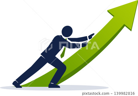 Businessman pushing growth arrow upward, effort driven success and business progress concept Businessman pushing growth arrow upward, effort driven success and business progress concept 139982816