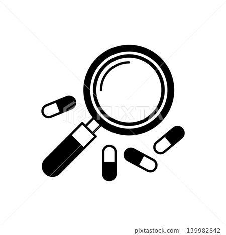 Magnifying glass searching pills medicine icon. Medical research and pharmacy search concept Magnifying glass searching pills medicine icon. Medical research and pharmacy search concept 139982842
