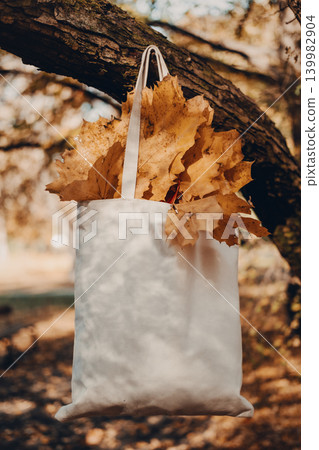 Linen tote bag filled with yellow maple leaves rests on stone path in park. Autumn sale, seasonal marketing visuals, fall social media content , organic brand aesthetic. 139982904
