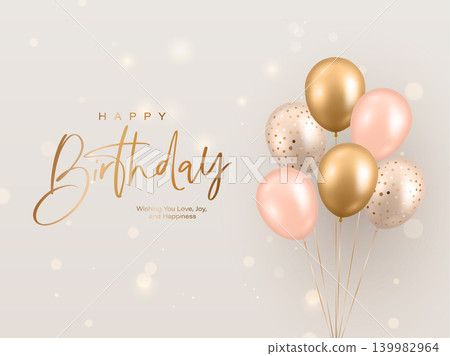 Vector 3d Happy Birthday Greeting Card with Realistic Balloons. Poster with Gold and Blush Pink Helium Balloon Bouquet. Elegant Party Invitation. Celebration Background, Vector Illustration Vector 3d Happy Birthday Greeting Card with Realistic Balloons. Poster with Gold and Blush Pink Helium Balloon Bouquet. Elegant Party Invitation. Celebration Background, Vector Illustration 139982964