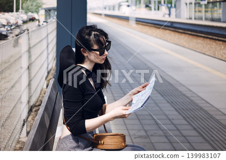 Young woman sits on bench at railway platform while studying paper map. Mindful traveling, digital detox vacation, nostalgic travel style. 139983107