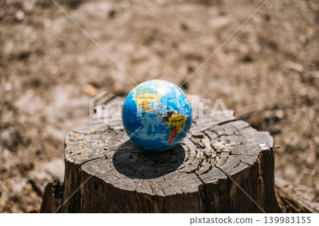 Small globe sits on top of cut tree stump in forest. Deforestation global consequences, loss of biodiversity, environmental damage concept. Small globe sits on top of cut tree stump in forest. Deforestation global consequences, loss of biodiversity, environmental damage concept. 139983155