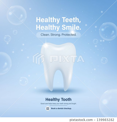 Healthy Teeth Poster, Vector Illustration. 3d Tooth Dental Care Banner with Blue Bubbles for Oral Hygiene, Dentist Clinic Promotion, Healthy Smile Ad, Checkup Reminder, Medical Awareness Design Healthy Teeth Poster, Vector Illustration. 3d Tooth Dental Care Banner with Blue Bubbles for Oral Hygiene, Dentist Clinic Promotion, Healthy Smile Ad, Checkup Reminder, Medical Awareness Design 139983282