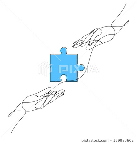 Abstract one line vector illustration showing one hand passing a colorful puzzle piece to another hand. Abstract one line vector illustration showing one hand passing a colorful puzzle piece to another hand. 139983602