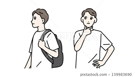 一個年輕男子背著背包,站在那裡沉思。 一個年輕男子背著背包,站在那裡沉思。 139983690