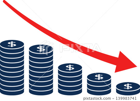 Revenue decline concept, decreasing profit with falling arrow and coin stacks, financial loss and business downturn vector illustration Revenue decline concept, decreasing profit with falling arrow and coin stacks, financial loss and business downturn vector illustration 139983741