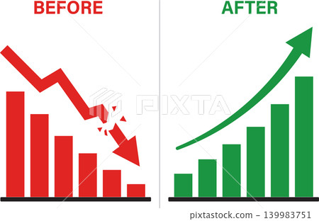 Before and after business performance concept, decline to growth comparison chart, financial recovery and improvement vector illustration Before and after business performance concept, decline to growth comparison chart, financial recovery and improvement vector illustration 139983751