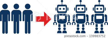 AI workforce replacement concept, human workers replaced by robots, automation scaling and productivity increase vector illustration AI workforce replacement concept, human workers replaced by robots, automation scaling and productivity increase vector illustration 139983752