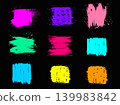 Set of nine colorful grunge paint brush strokes. Collection includes vibrant neon colors like pink, purple, green, blue, yellow, orange. Messy, textured design elements isolated on black background 139983842
