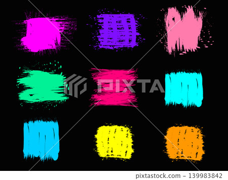 Set of nine colorful grunge paint brush strokes. Collection includes vibrant neon colors like pink, purple, green, blue, yellow, orange. Messy, textured design elements isolated on black background Set of nine colorful grunge paint brush strokes. Collection includes vibrant neon colors like pink, purple, green, blue, yellow, orange. Messy, textured design elements isolated on black background 139983842