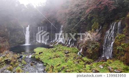 Tourists visiting Shiraito Falls in autumn, shrouded in mist, and the breathtaking scenery. Tourists visiting Shiraito Falls in autumn, shrouded in mist, and the breathtaking scenery. 139983950