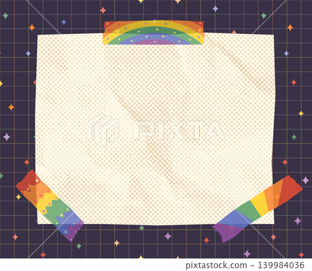 Blank crumpled paper sheet with rainbow washi tape, Vector scrapbook note graphic design element with masking tape in pride flag colors for journaling, collages and poster for events Blank crumpled paper sheet with rainbow washi tape, Vector scrapbook note graphic design element with masking tape in pride flag colors for journaling, collages and poster for events 139984036