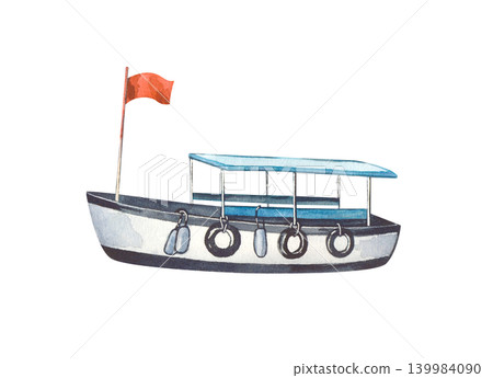 A tour boat made in watercolor. A small vessel with a red flag on an isolated background. For summer travel banners, seaside icons, children's books, and marine mockups. 139984090