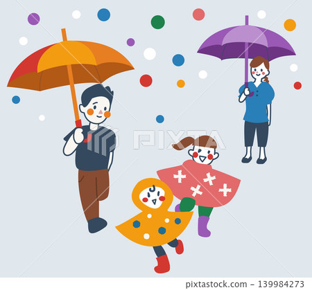 An illustration of a smiling parent and child amidst colorful raindrops. Rainy season. Background included. An illustration of a smiling parent and child amidst colorful raindrops. Rainy season. Background included. 139984273