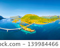 Aerial view of a bridge over a fjord in the Lofoten Islands, Norway. 139984466