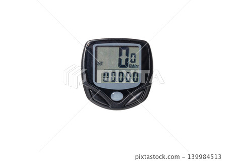 Bicycle Computer Isolated on White Background. Cycling Accessory and Equipment. Odometer. High quality photo Bicycle Computer Isolated on White Background. Cycling Accessory and Equipment. Odometer. High quality photo 139984513