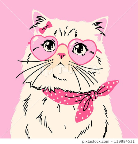 Cute cartoon illustration of a fluffy white cat wearing pink heart-shaped glasses Cute cartoon illustration of a fluffy white cat wearing pink heart-shaped glasses 139984531