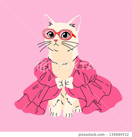Cute Fancy Cat in Pink Cape Illustration Cute Fancy Cat in Pink Cape Illustration 139984532
