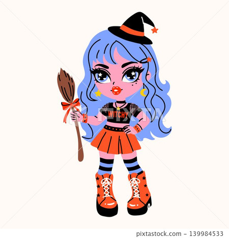 Cute cartoon illustration of a Y2K anime-style witch girl with long blue hair 139984533