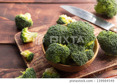 sliced broccoli in wooden bowl sliced broccoli in wooden bowl 139984549