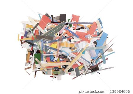 Scraps of colorful paper from magazines and newspapers isolated on white background 139984606