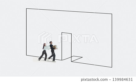 Colleagues carrying moving boxes through abstract line office doorway. 139984631