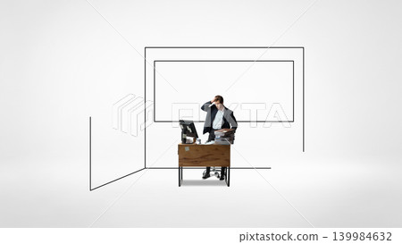 Overwhelmed businessman at desk with papers in abstract minimal office 139984632