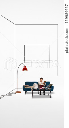 Man working on laptop with dog in abstract home office interior. Man working on laptop with dog in abstract home office interior. 139984637