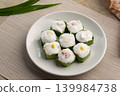 Thai pudding with coconut topping and corn,taro. 139984738