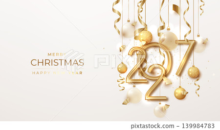 2027 Happy New Year card with shiny golden numbers, festive Christmas decorations, and sparkles. Clean white background with elegant and joyful atmosphere 2027 Happy New Year card with shiny golden numbers, festive Christmas decorations, and sparkles. Clean white background with elegant and joyful atmosphere 139984783