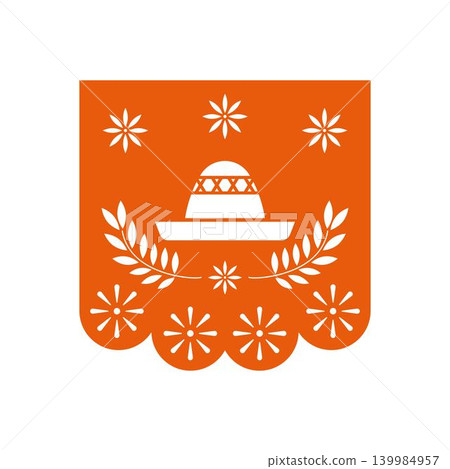 Papel picado orange banner with sombrero and flowers Papel picado orange banner with sombrero and flowers 139984957
