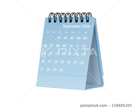 Desktop calendar for September 2026 in blue colour. Mini planner for business and finance, spiral view on isolated white background 139985205