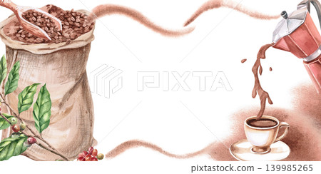A rectangular frame featuring a sack of coffee beans and a coffee maker pouring coffee. An isolated watercolor illustration, suitable for interior design in restaurants, greeting cards, and packaging. A rectangular frame featuring a sack of coffee beans and a coffee maker pouring coffee. An isolated watercolor illustration, suitable for interior design in restaurants, greeting cards, and packaging. 139985265