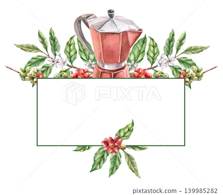 A rectangular text frame featuring a coffee maker and a coffee tree branch. An isolated watercolor illustration suitable for menu design, cafes, greeting cards, invitations, and packaging. 139985282