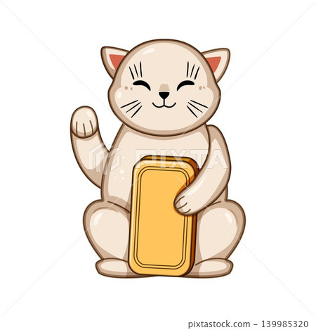 Lucky cat waving paw holding gold bar Lucky cat waving paw holding gold bar 139985320