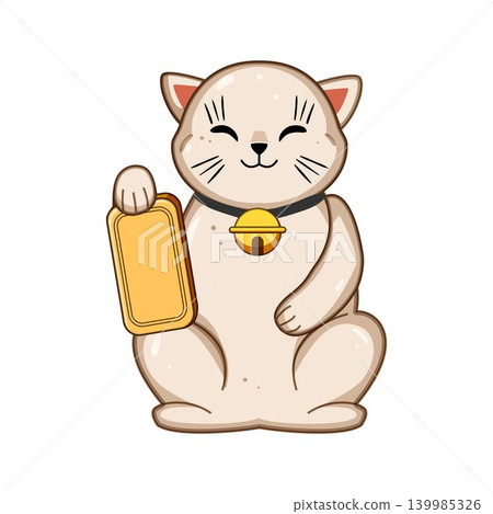 Smiling lucky cat holding gold coin bringing fortune Smiling lucky cat holding gold coin bringing fortune 139985326