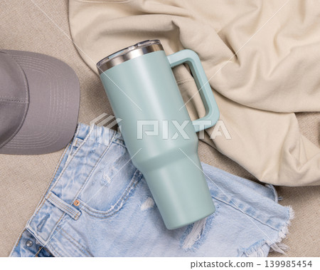 Blank sage green 40oz tumbler mockup, stainless steel travel thermos on denim and dark red sweatshirt Blank sage green 40oz tumbler mockup, stainless steel travel thermos on denim and dark red sweatshirt 139985454