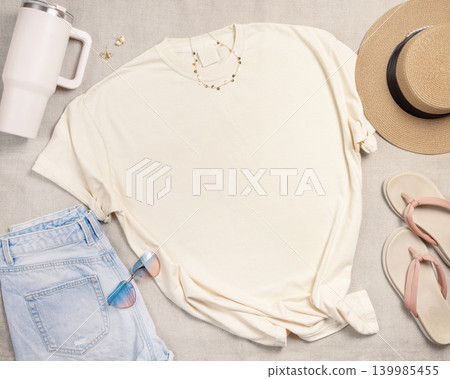 Blank light beige women t-shirt mockup with summer accessories, unisex template for print on demand 139985455