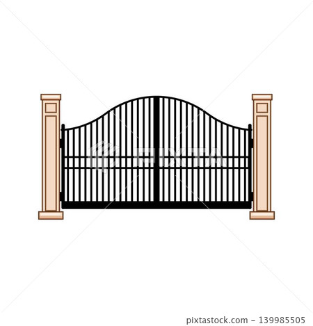 Ornate iron gate with pillars in outline Ornate iron gate with pillars in outline 139985505
