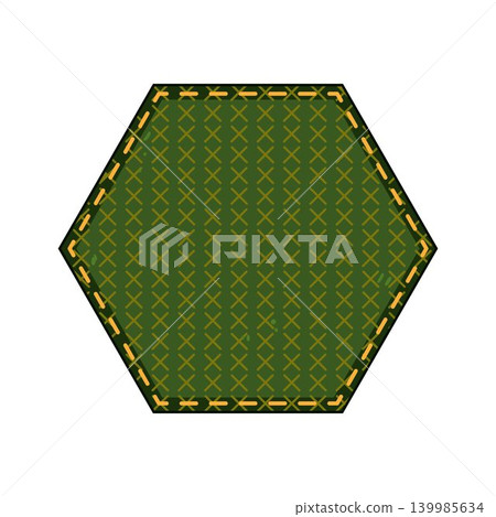Green hexagon fabric patch with cross stitch pattern Green hexagon fabric patch with cross stitch pattern 139985634
