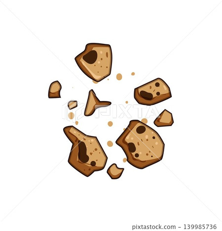 Crumbling chocolate chip cookie pieces falling, sweet snack crumbs Crumbling chocolate chip cookie pieces falling, sweet snack crumbs 139985736