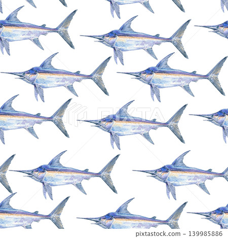 Watercolor Marlin, Swordfish Seamless Pattern Watercolor Marlin, Swordfish Seamless Pattern 139985886