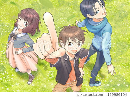 Energetic elementary school students pointing and posing, seemingly saying, "Let's do our best together!" Energetic elementary school students pointing and posing, seemingly saying, "Let's do our best together!" 139986104