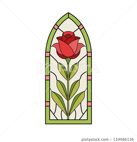 Stained glass window featuring red rose design Stained glass window featuring red rose design 139986136