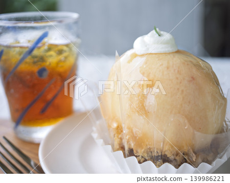 Summer bliss. A refreshing whole peach cake and tea. Summer bliss. A refreshing whole peach cake and tea. 139986221
