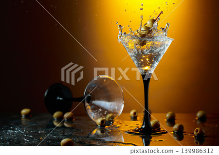 Green olives and glass of martini on a black stone table. Green olives and glass of martini on a black stone table. 139986312