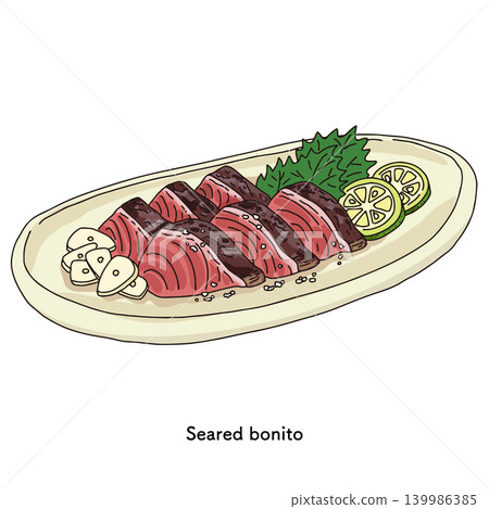 Hand-drawn style seared bonito: A specialty autumn delicacy from Kochi Prefecture. Hand-drawn style seared bonito: A specialty autumn delicacy from Kochi Prefecture. 139986385