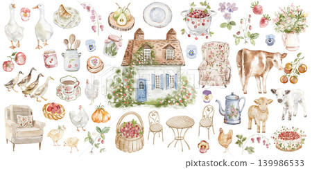 Farm Icon Set Watercolor Hand Painted Farm Icon Set Watercolor Hand Painted 139986533