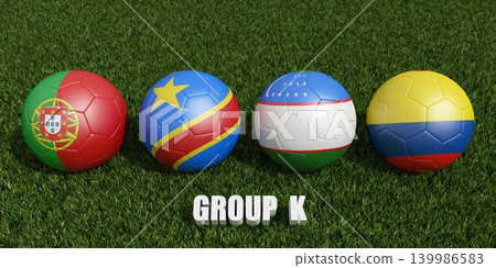 soccer balls in flags colors on soccer field .  3d rendering of group K 139986583